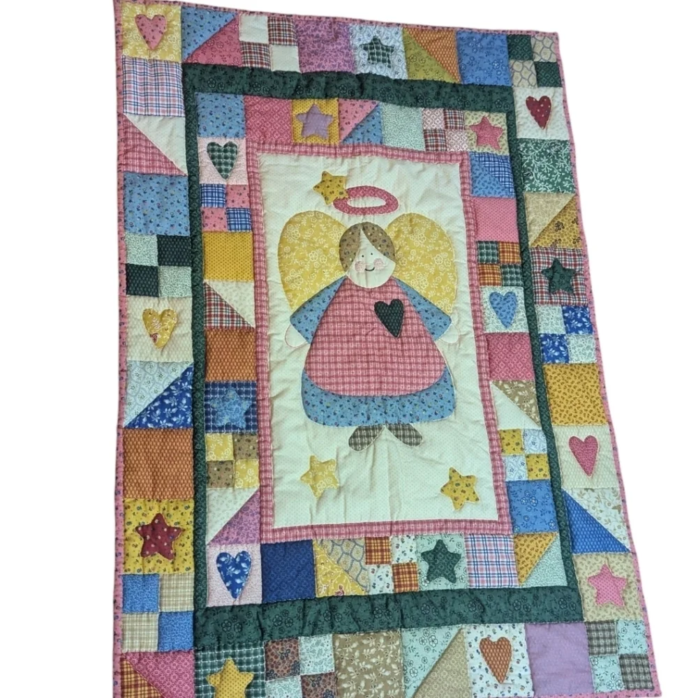 Country Nursery Sweet puffy Patchwork Angel/Hearts/Stars Crib Quilt Multicolor